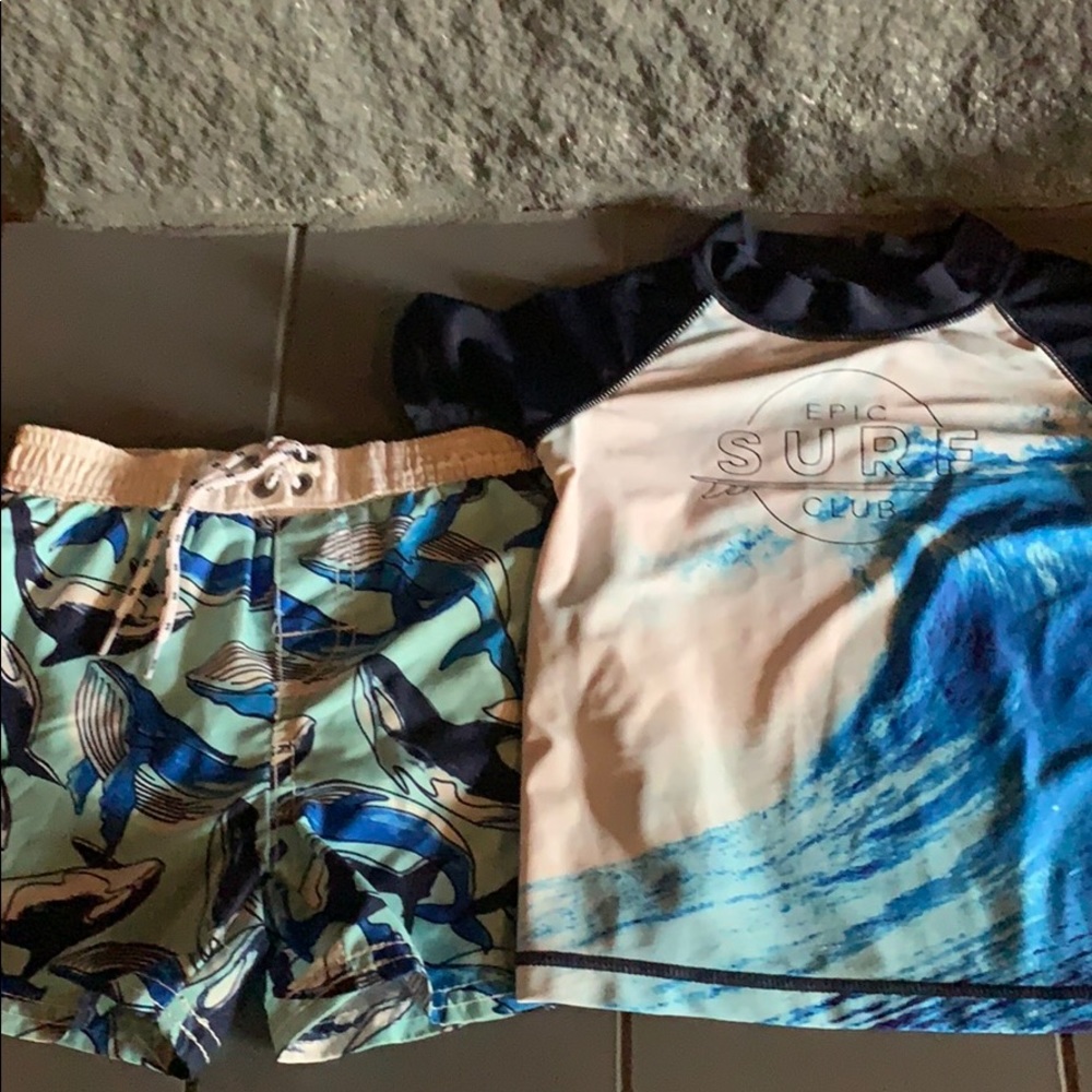 Oshkosh swim trunks and rash guard